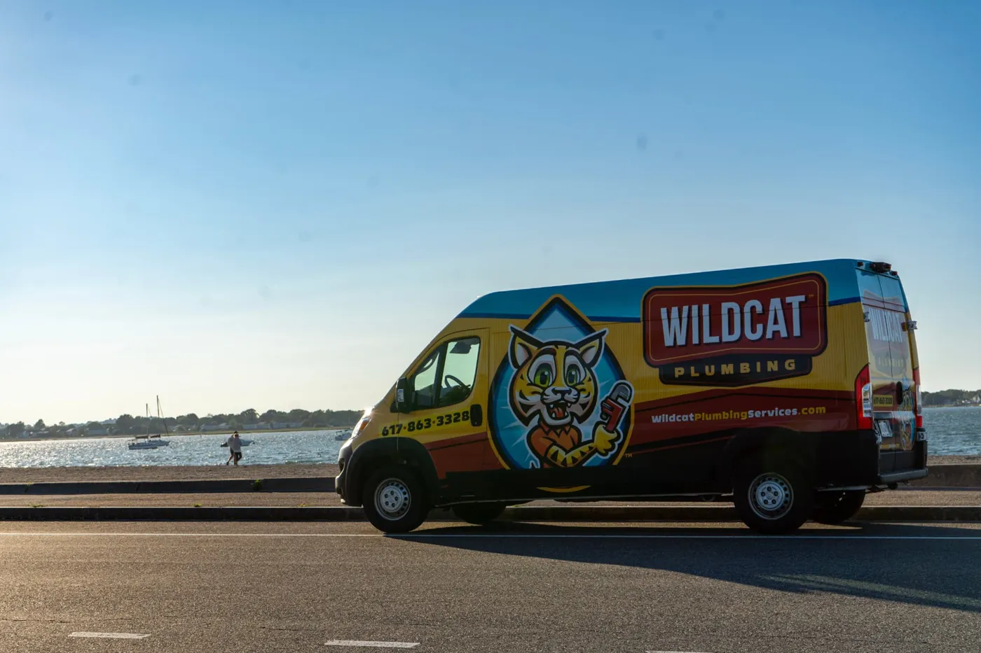 Wildcat Plumbing van along the Quincy, MA shoreline